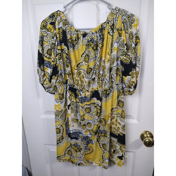 FANG Woman L Tunic Blouse Babydoll Yellow Black S/S Retro Hippie Casual - Picture 6 of 7